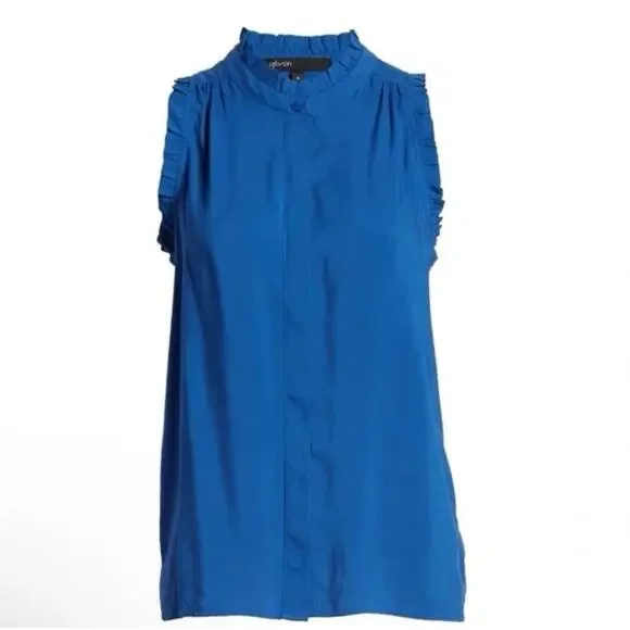Gibson Blue Sleeveless Ruffle Sleeve Button Down Top - Small - Picture 4 of 11